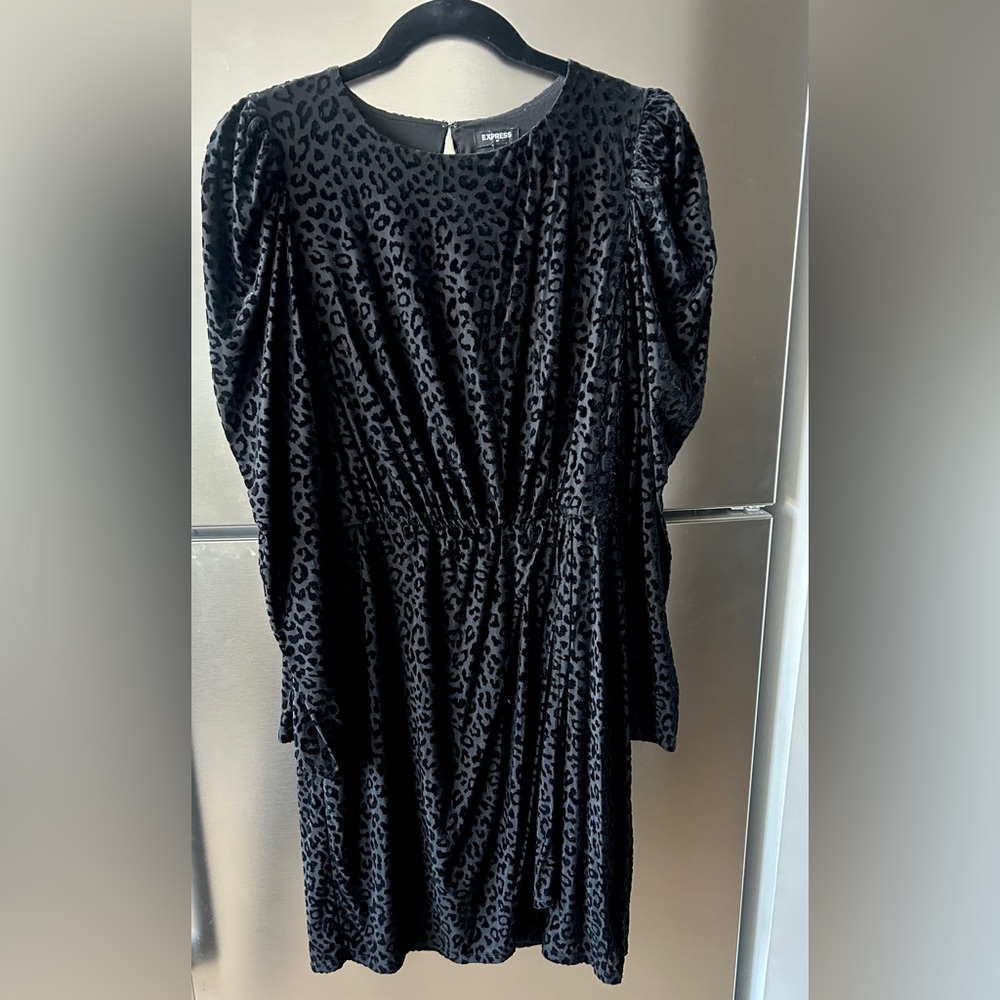 Express Black Velvet Leopard Print Dress | Puff Sleeves | Size M
